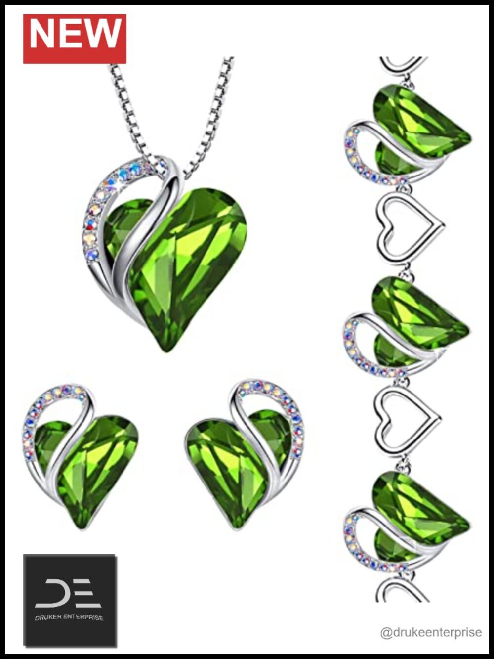 Heart Necklace Bracelet Earrings Set Silver Tone Crystal Jewelry 3 Piece Gift